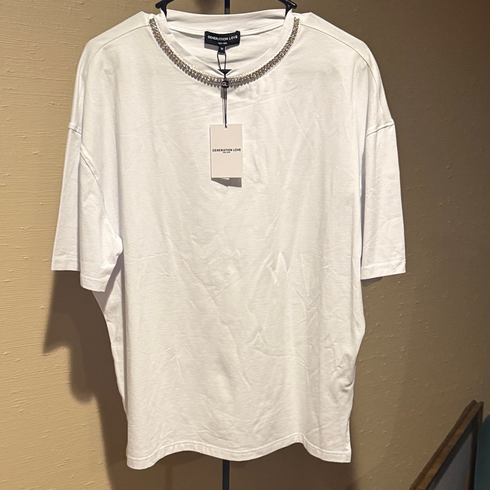 Generation Love White Tee with Silver diamond neck Detail